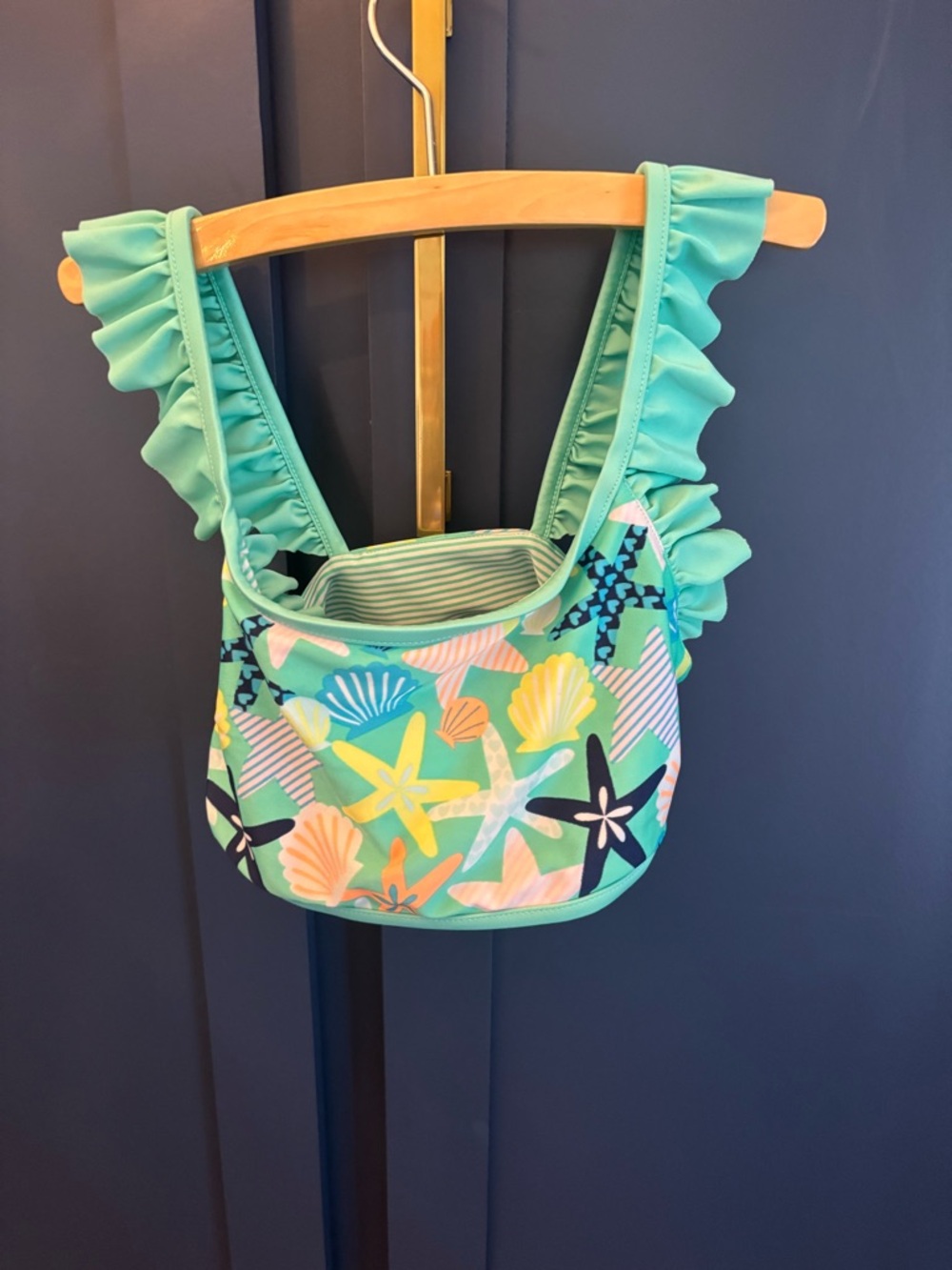 Cat & Jack Aqua Ruffled Strap Swim suit with Seashell Print
